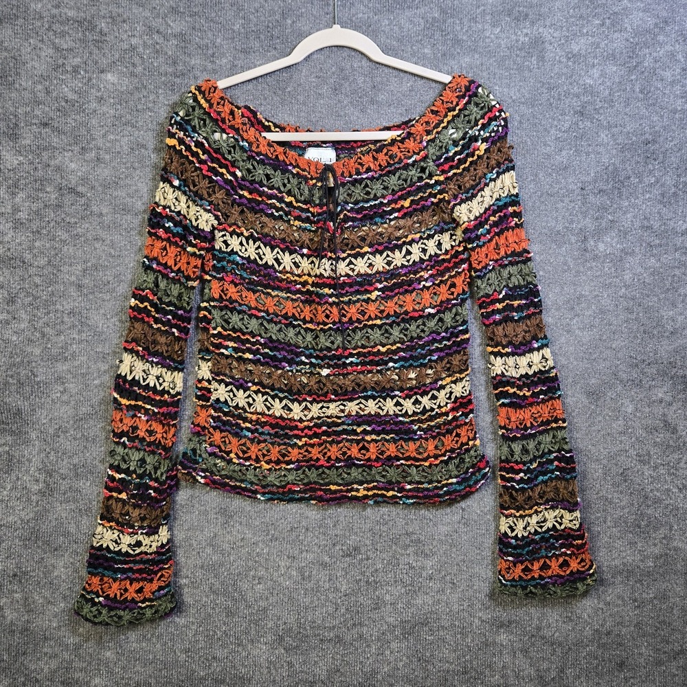 Vtg Vol. 1 Sweater Womens L Orange Green Crochet Knit Boho Hippie 90s